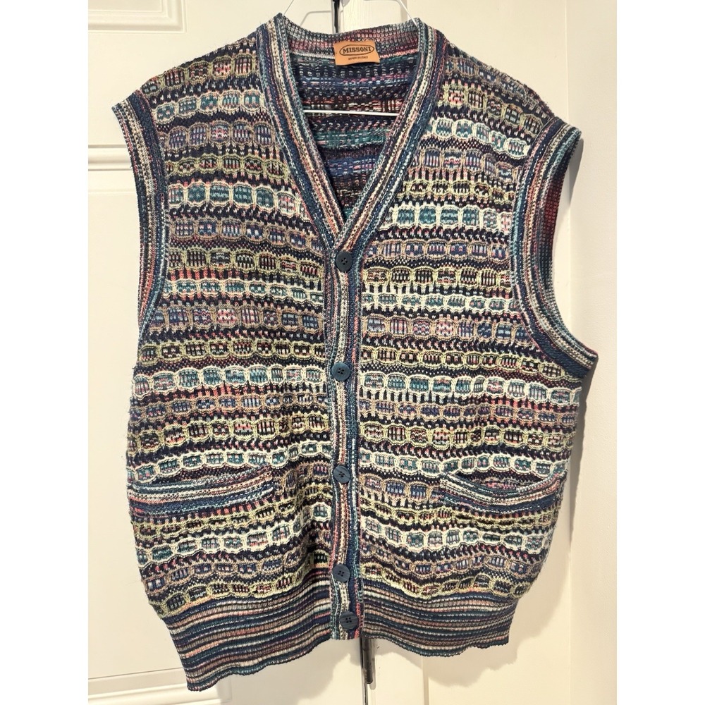 Vintage MISSONI Womens Button Up Cardigan Sweater Vest Multicolor Wool ITALY 56